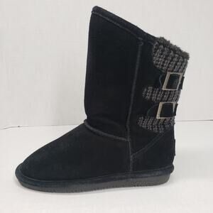 Bearpaw Boshie Boots Youth 3 Black 6" Suede Knit Sheepskin Winter Buckle Pull-On